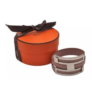 HERMES Puspus Hermes Logo Leather Bangle Pink Silver with Box!!🧡🖤